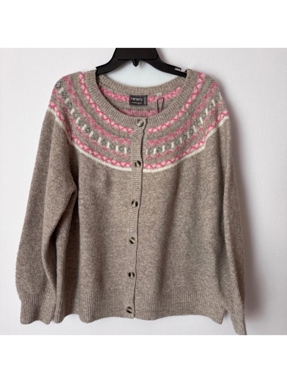 Ninety Clothing Co Women Gray Pink Fair Isle Button Front Cardigan Sweater Size